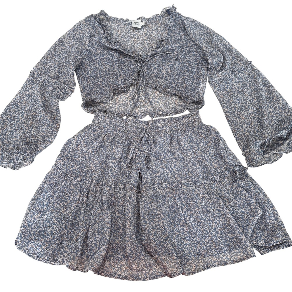 Princess Polly Blue Floral Crop Top & Tiered Mini Skirt Set Long Sleeve XS 4